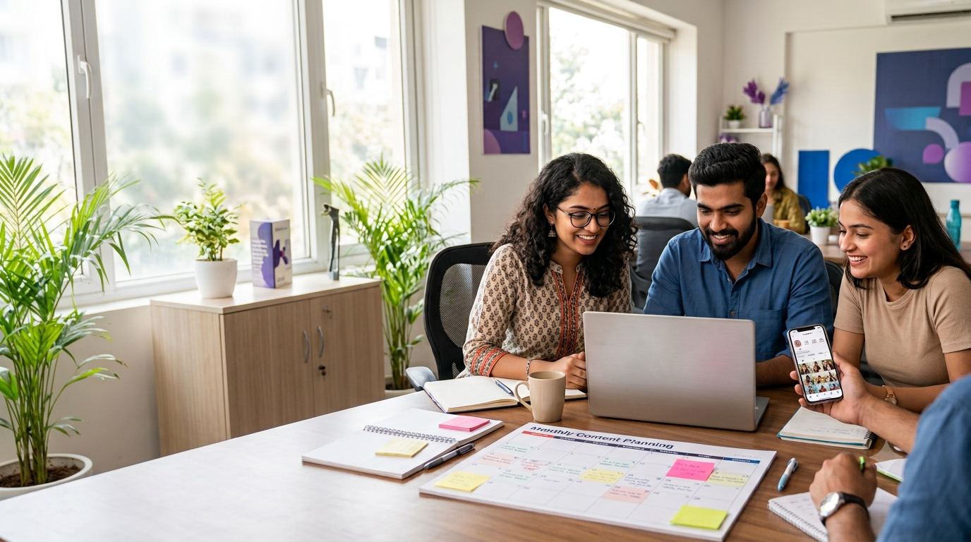 Social media marketing agency team in Surat planning Instagram content calendar
